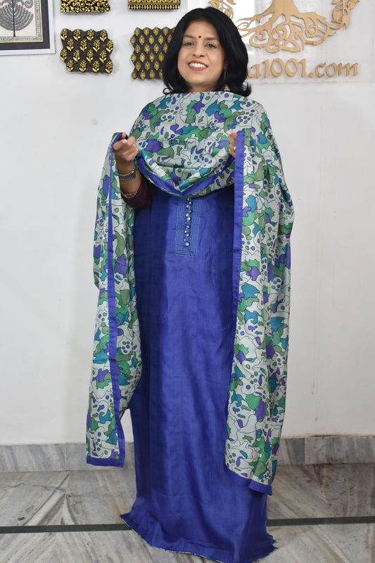 Semi Stitched Block Printed Tussar Silk Dupatta  & Tussar Kurta Fabric