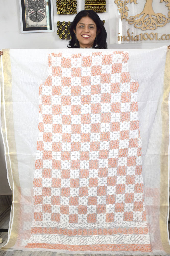 Designer Hand Embroidered Chikankari Tepchi work Kota Doria fabric