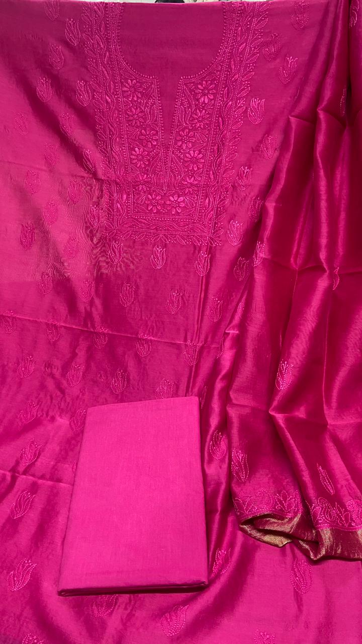 Elegant Chanderi silk Cotton Kurta & Dupatta with Chikankari Embroidery work & cotton bottom - 3 pc set