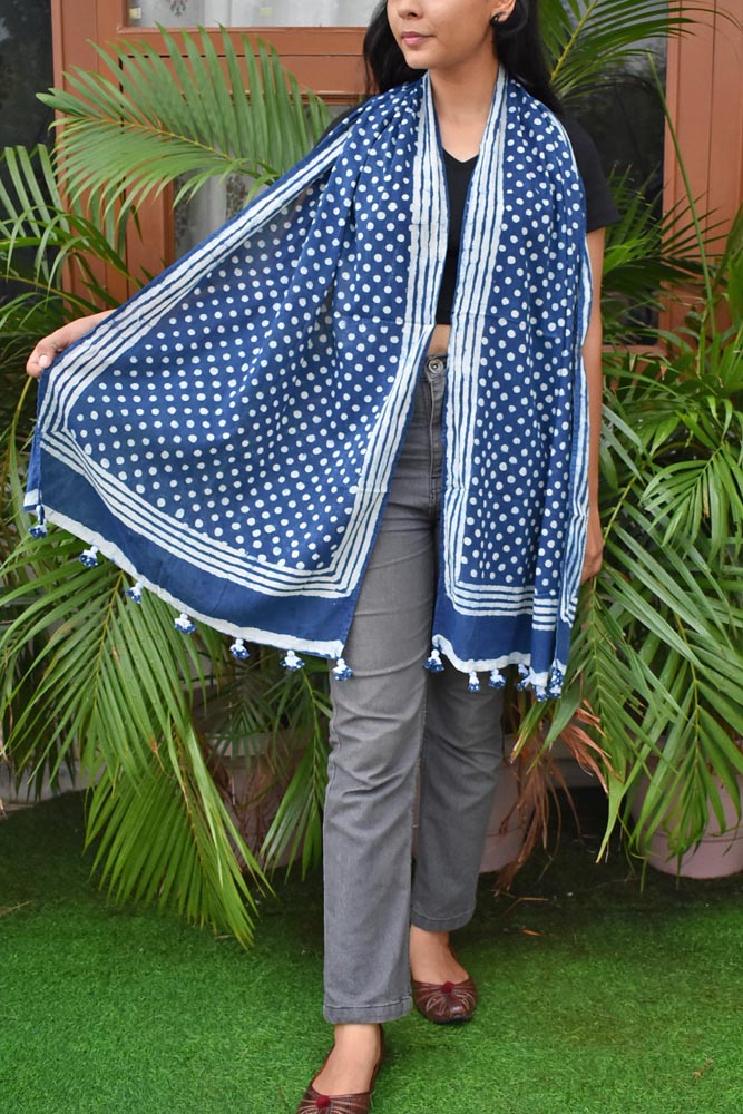 Elegant Hand block printed Cotton stole with cloth tassels