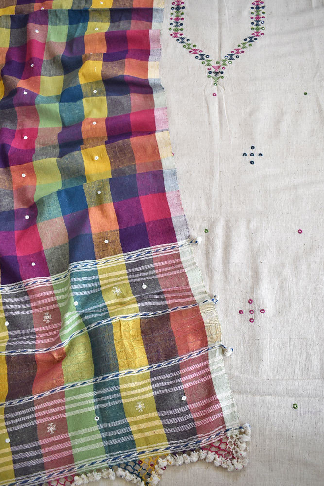 Premium Handwoven Kala Cotton Bhujodi suits with Mirror and Miri work - 3 pc set