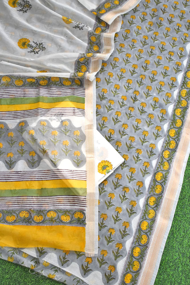 Beautiful Hand Block Printed Maheshwari Silk Cotton Unstitched suit fabric - 3 pc set