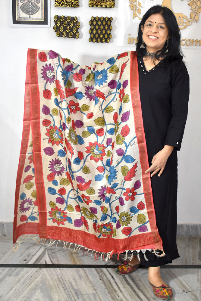 Elegant Hand Painted Pure Tussar Silk Dupatta