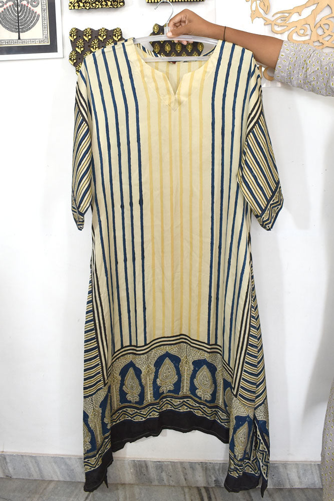 Beautiful Hand Block Printed Ajrakh Modal Silk Kaftan Kurta, Size 40 to 44