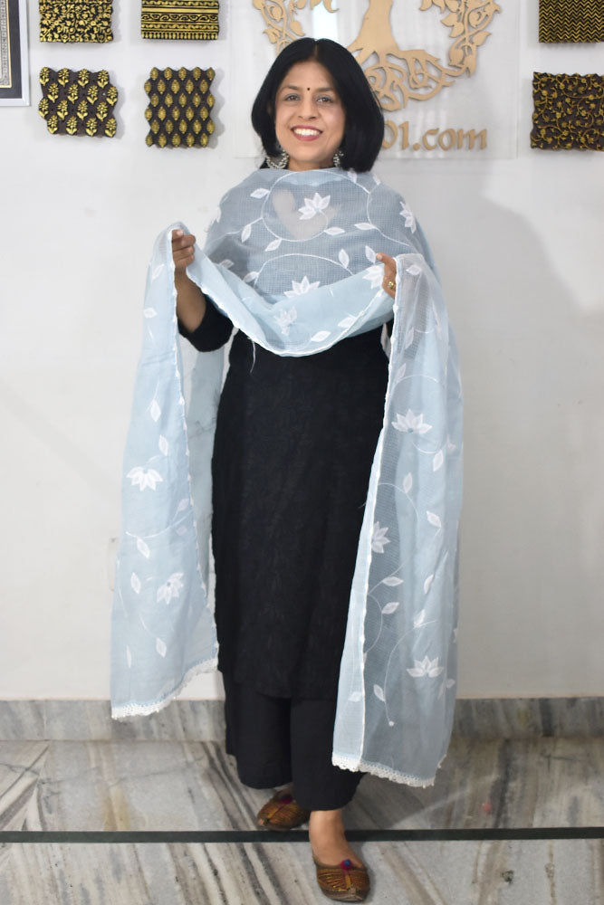 Handcrafted Phool Patti Applique & Hand Crochet work Kota cotton dupatta