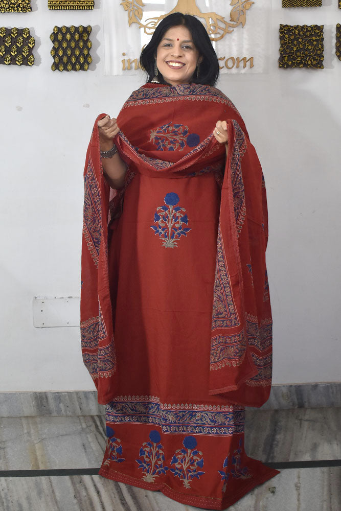 Elegant Hand Block print cotton suit with Cotton dupatta