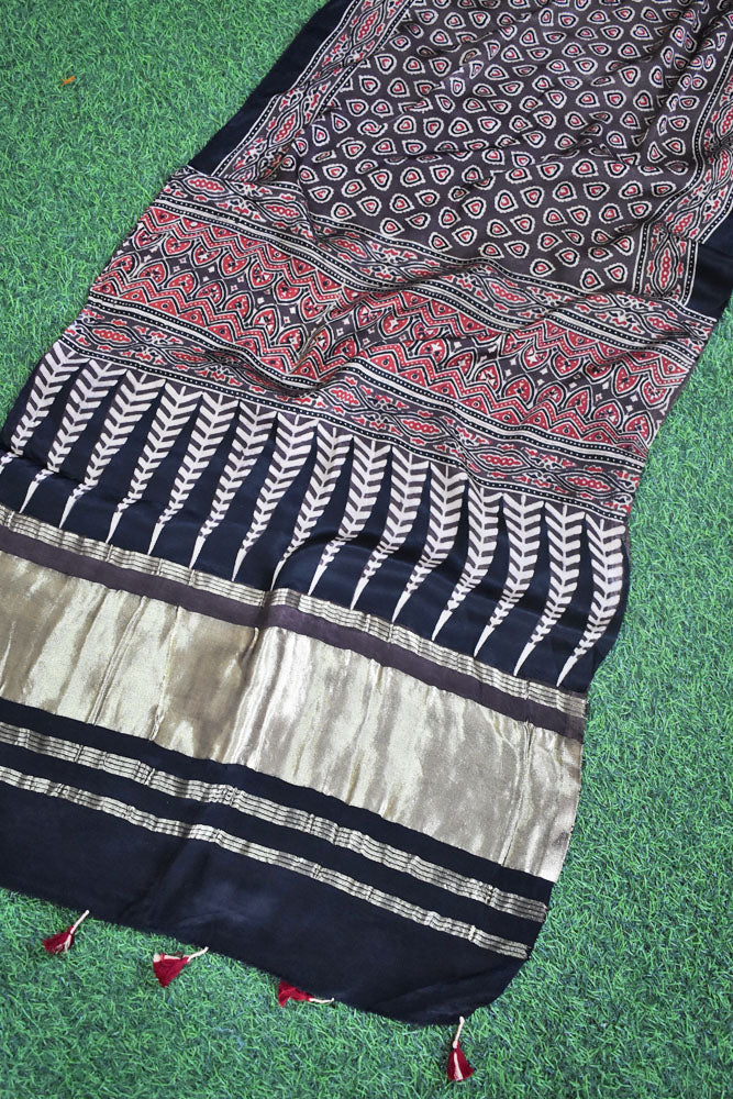 Beautiful Ajrakh Modal Silk Hand block Printed Stole with lagdi patta
