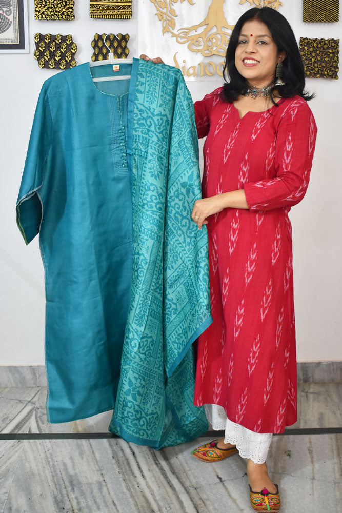 Semi Stitched Block Printed Tussar Silk Dupatta  & Tussar Kurta Fabric