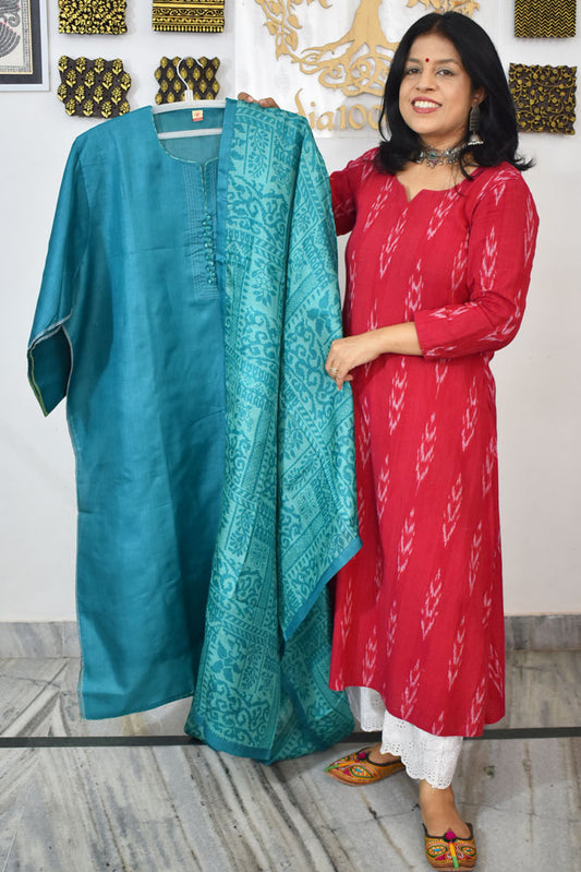 Semi Stitched Block Printed Tussar Silk Dupatta  & Tussar Kurta Fabric