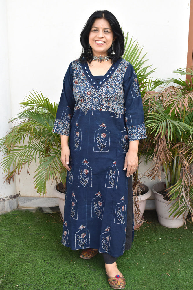 Beautiful Hand Block Printed Ajrakh Cotton kurta with Kutch Mirror work , Size 38 to 46