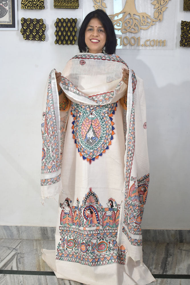 Slub Cotton suit with Hand Painted Madhubani Art patterns