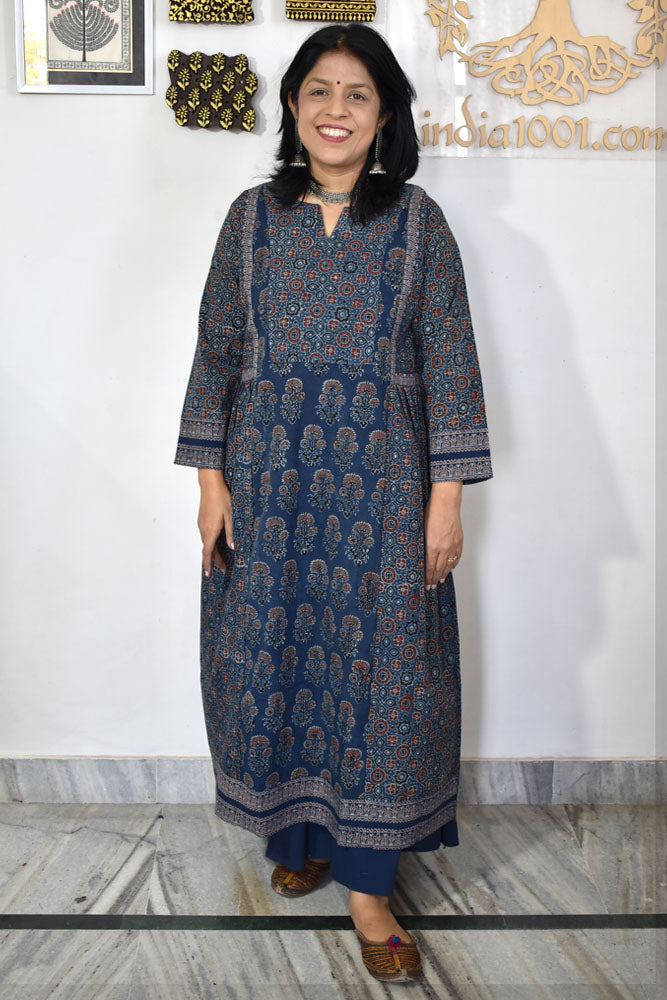Designer Hand Block Printed Ajrakh cotton Kurta / Dress - Size 38 to 46 ( all sizes)