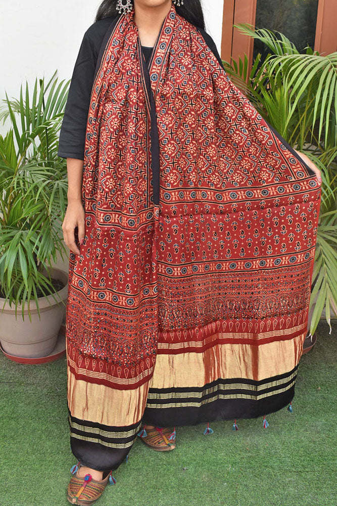 Beautiful Ajrakh Modal Silk Hand block Printed Stole with lagdi patta