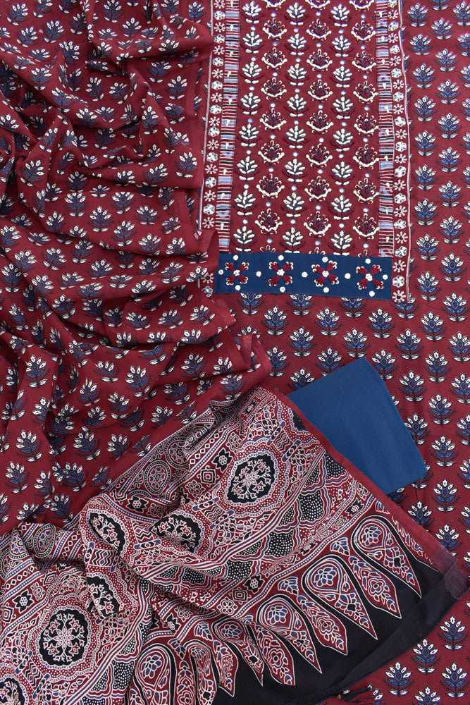 Premium Cotton Unstitched Suit with Ajrakh patch, Intricate Hand Embroidery & barmer Ajrakh dupatta