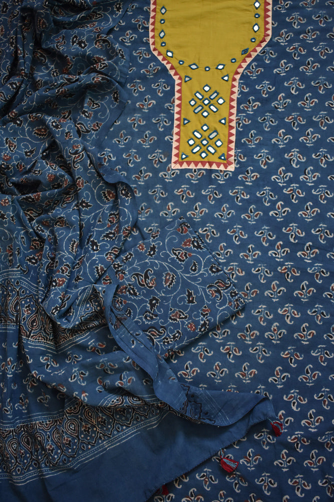 Hand Block Print Ajrakh Cotton Suit with designer brush paint & Kutch Mirror work