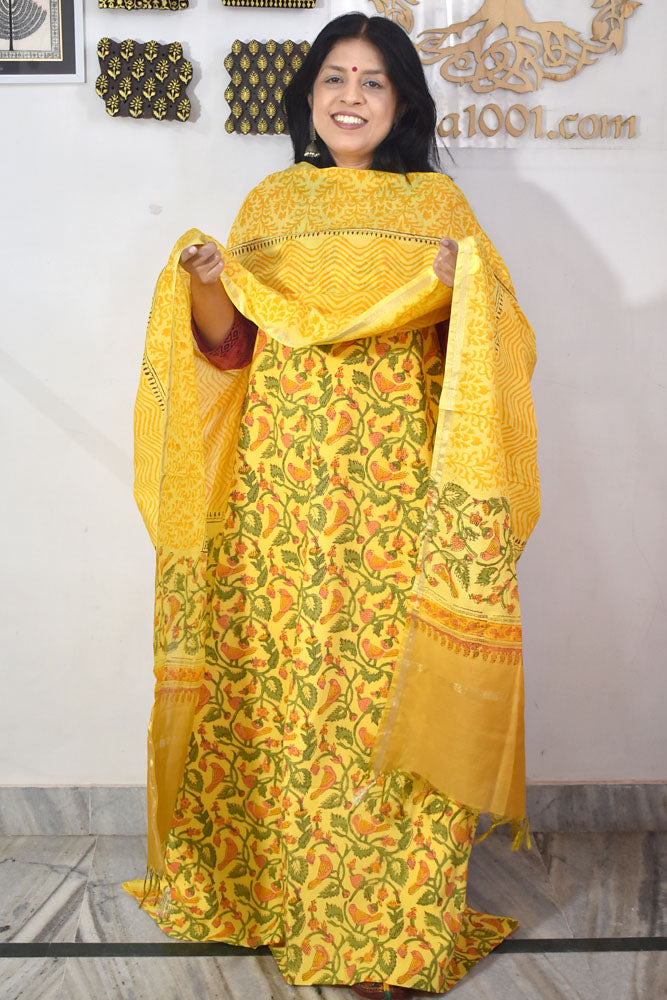 Designer Hand Block Print Cotton suit with Chanderi dupatta