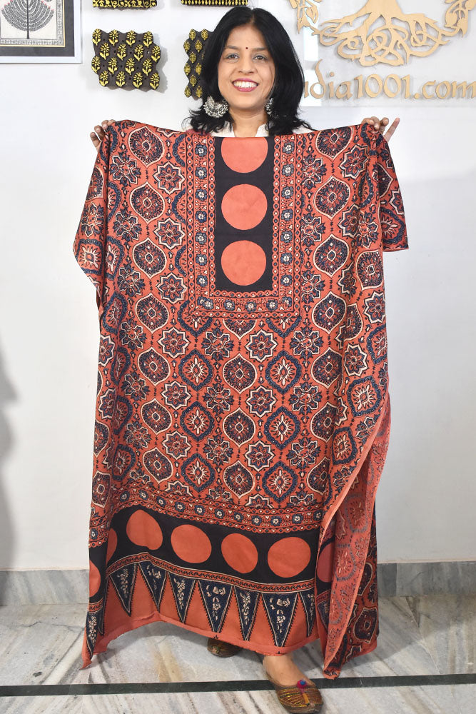 Designer Modal Silk Ajrakh Hand Block Print Kurta Fabric - 2.5 mtrs cut