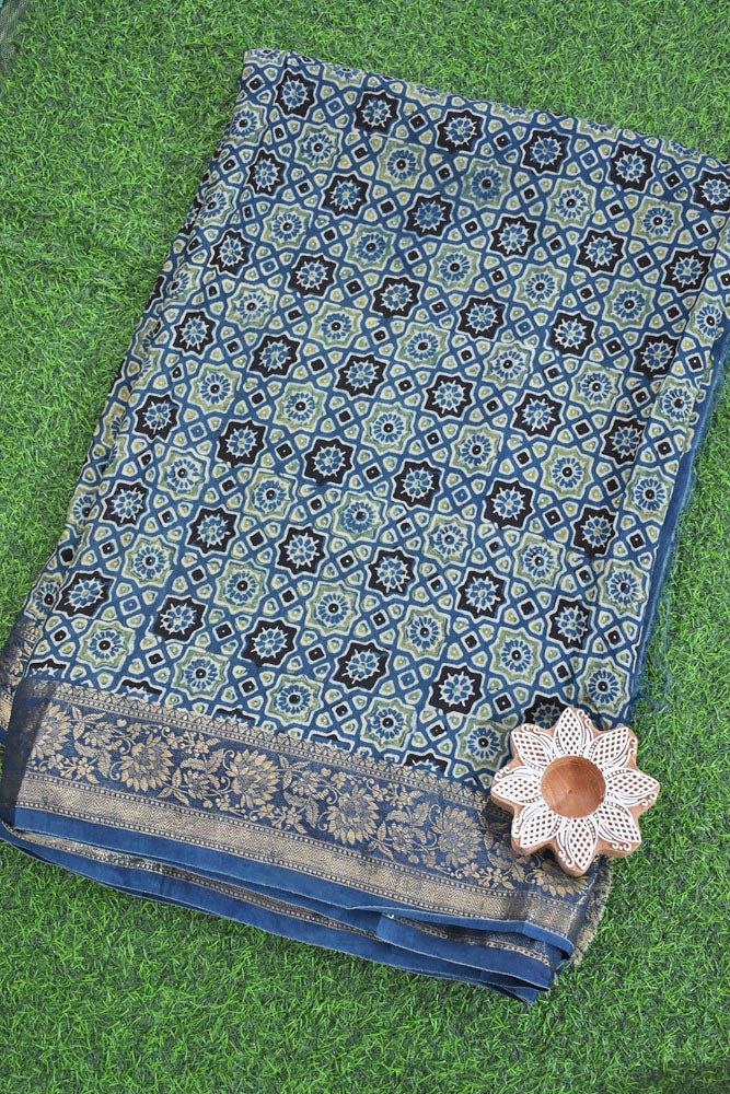 Beautiful Ajrakh Dola Silk Hand Block Print Fabric - 3 mtrs cut