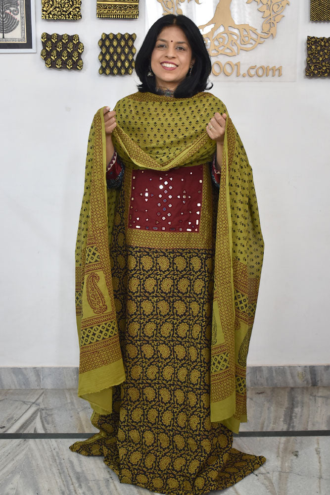 Bagh Hand Block Printed unstitched 3 pc Cotton suit fabric with Kutch Mirror Work