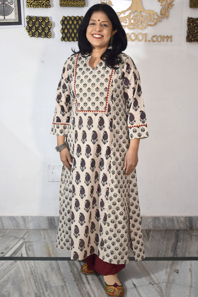 Designer Hand Block Printed Ajrakh cotton Kurta / Dress - Size 38 to 48 ( all sizes)