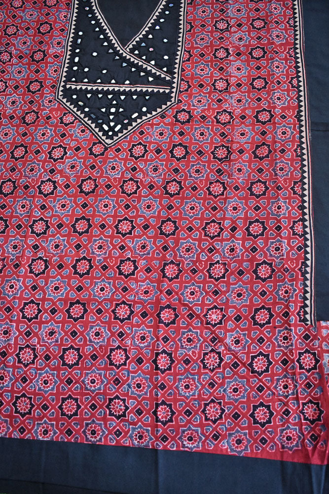 Designer Ajrakh Cotton Short Kurta Fabric with Kutch Mirror Work patch