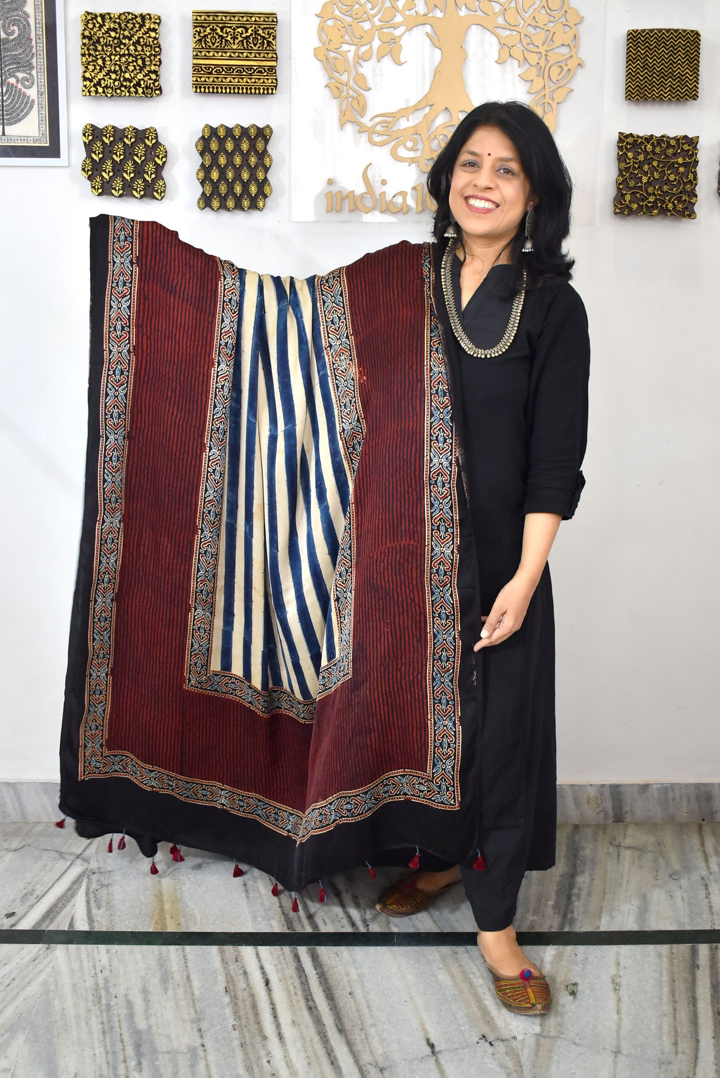 Designer Modal Silk Ajrakh Block Print Dupatta with tassels