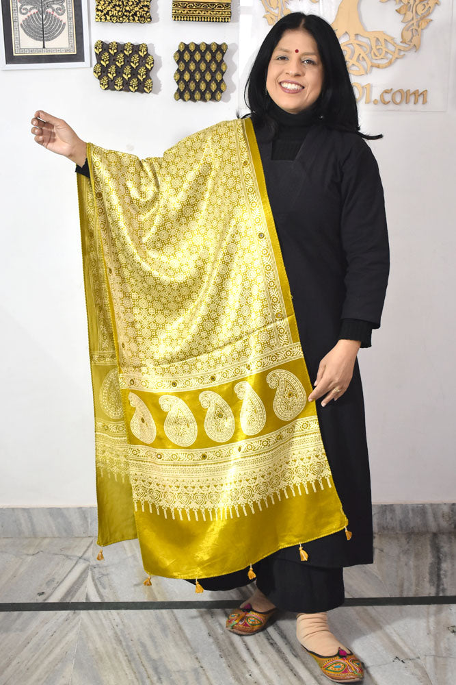 Beautiful Hand Block Printed Ajrakh Mashru Silk stole with Mirror Work