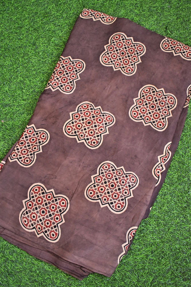 Beautiful Modal Silk Ajrakh Hand Block Print Fabric - 2.5 mtrs cut