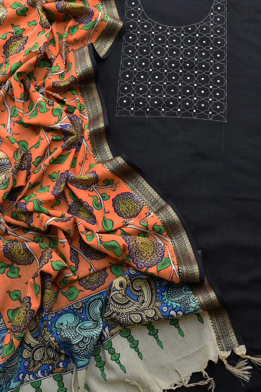 Embroidered Cotton Kurta fabric with Foil Mirror work & Kalamkari dupatta