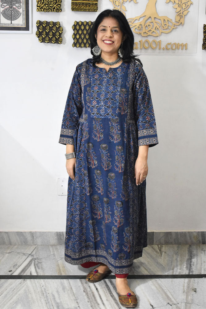 Designer Hand Block Printed Ajrakh cotton Kurta / Dress - Size 38 to 44 ( all sizes)