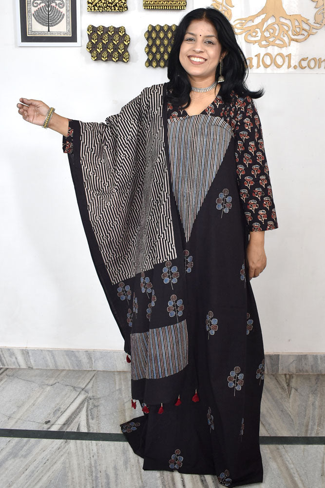Designer Ajrakh Cotton kurta with Stole & Cotton Bottom - 3 piece set