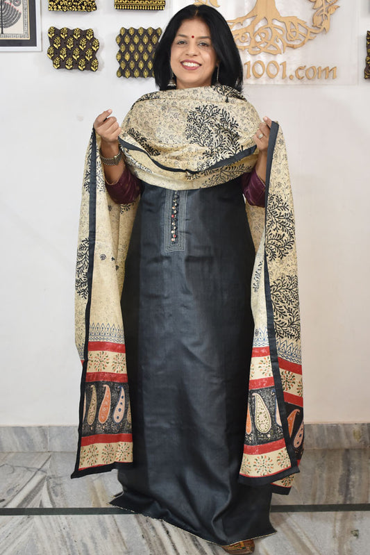 Semi Stitched Block Printed Tussar Silk Dupatta  & Tussar Kurta Fabric