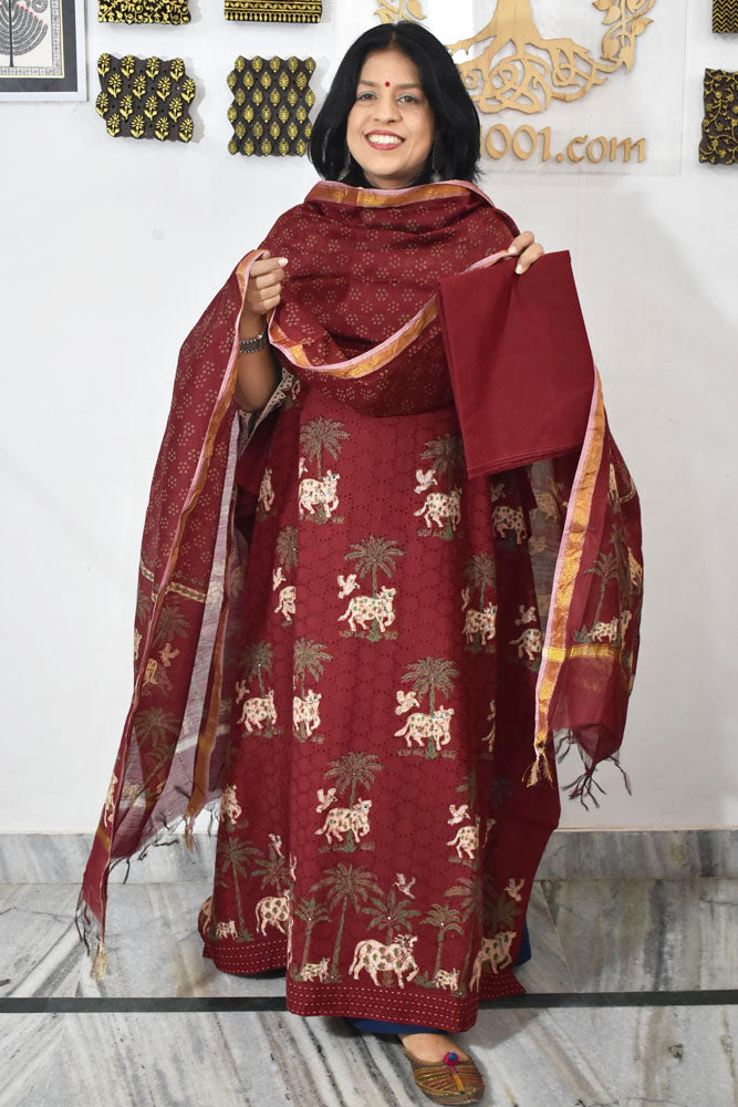 Elegant Hand Block print cotton suit with Schiffli work & Chanderi dupatta