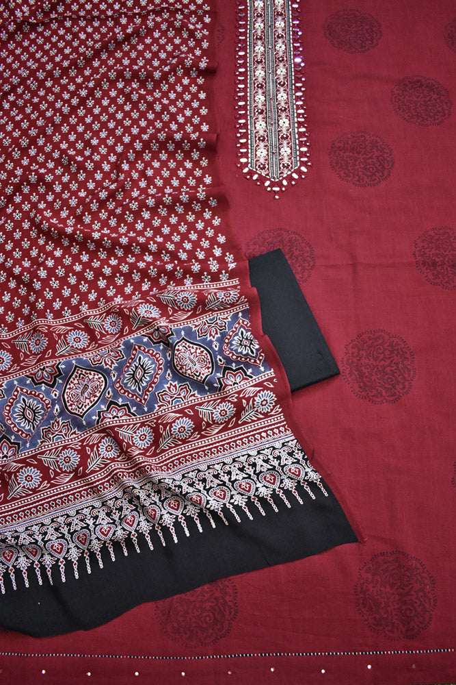 Beautiful Cotton Unstitched Suit with Neck patch, Intricate Hand Embroidery & Block print Muslin dupatta