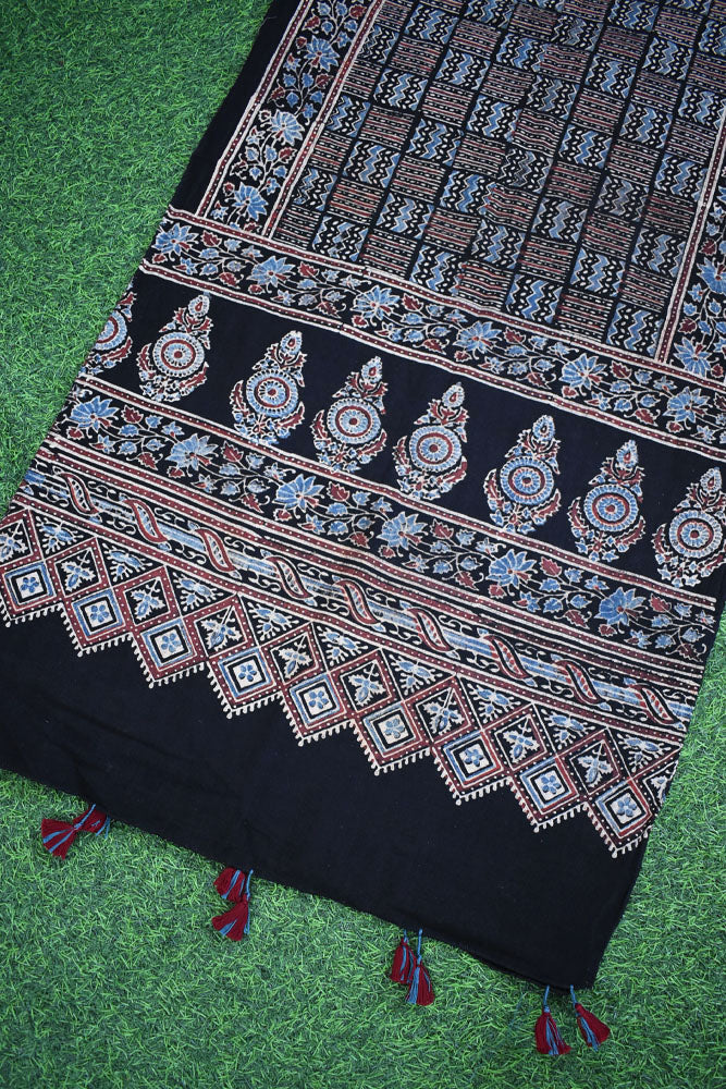Ajrakh Hand Block Printed Khadi Cotton Stole with Tassels & natural dyes