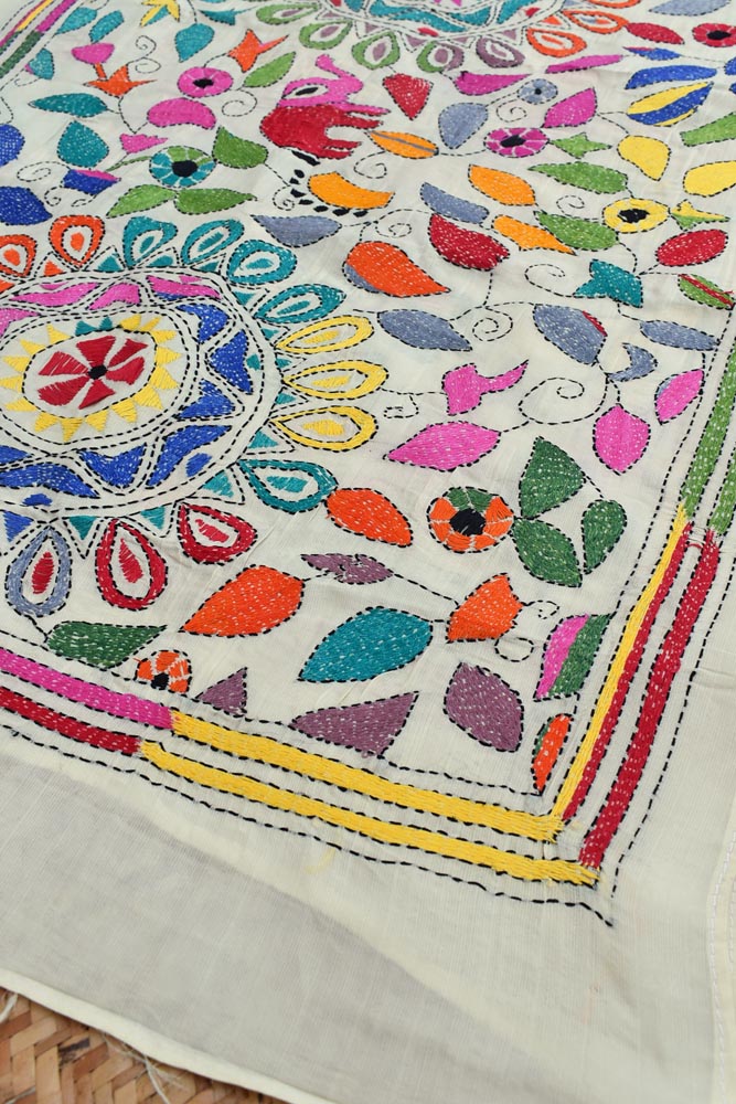 Elegant Hand Embroidered Kantha work Tussar Silk Stole