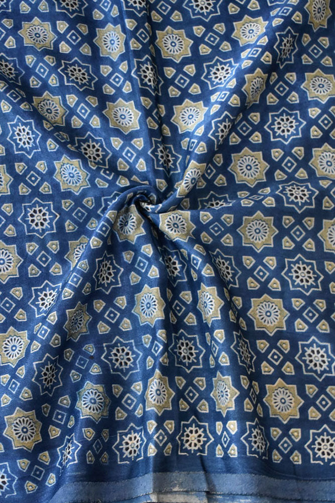 Hand Block printed Ajrakh Mashru silk fabric- Length : 2.5 mtrs & 3 mtr option