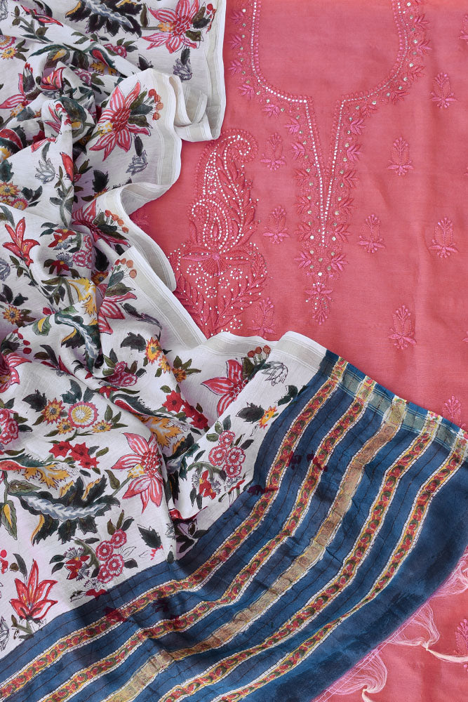 Beautiful Sanganer Block Print Chanderi dupatta with Chanderi Chikankari & Muqaish Work Kurta