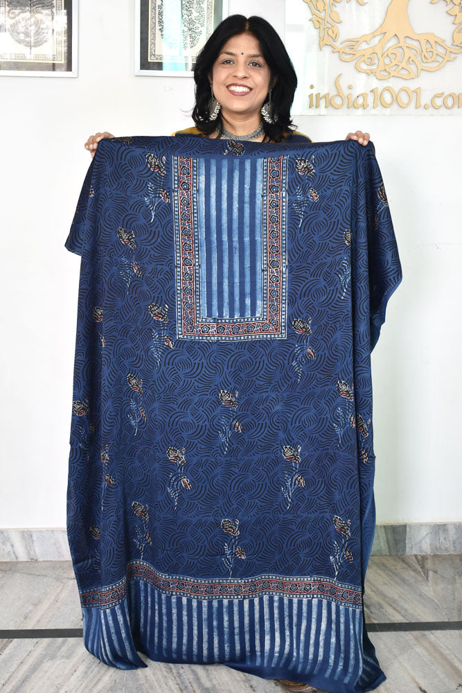 Designer Modal Silk Ajrakh Hand Block Print Kurta Fabric - 2.5 mtrs cut