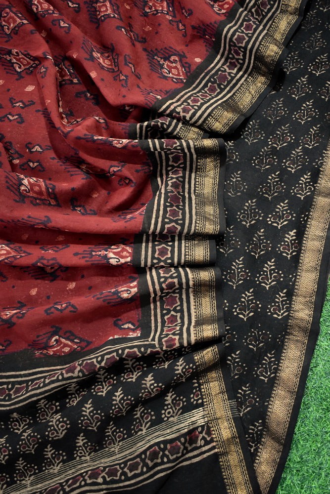 Beautiful Ajrakh Bagru Hand Block Printed Maheshwari Kurta & Dupatta Fabric