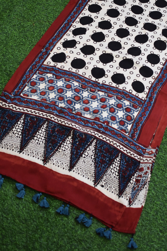 Beautiful Hand Block Printed Ajrakh Modal Silk stole with Tassels