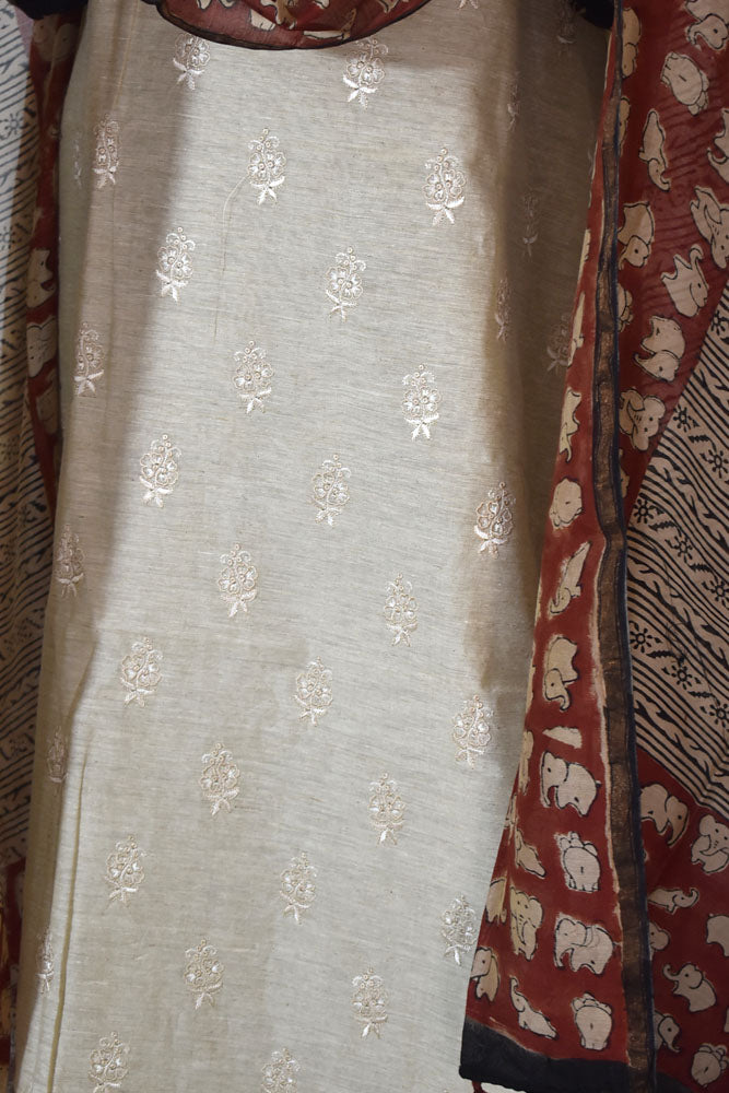 Handwoven Chanderi kurta with Hand Emboidery Chanderi Dupatta & Cotton Bottom - 3 pc set