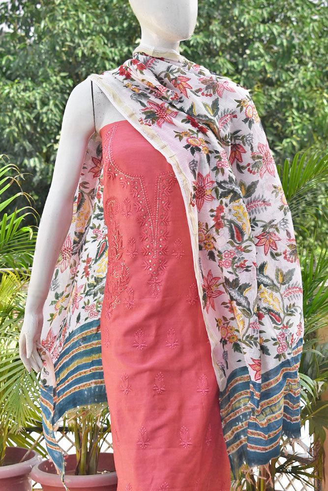 Beautiful Sanganer Block Print Chanderi dupatta with Chanderi Chikankari & Muqaish Work Kurta