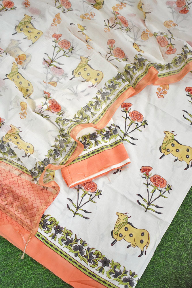 Designer Hand Block Print Cotton suit with Chanderi dupatta