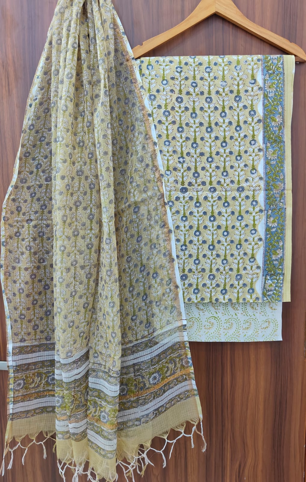 Beautiful Hand Block Printed Cotton unstitched suit fabric with Kota Doria Dupatta