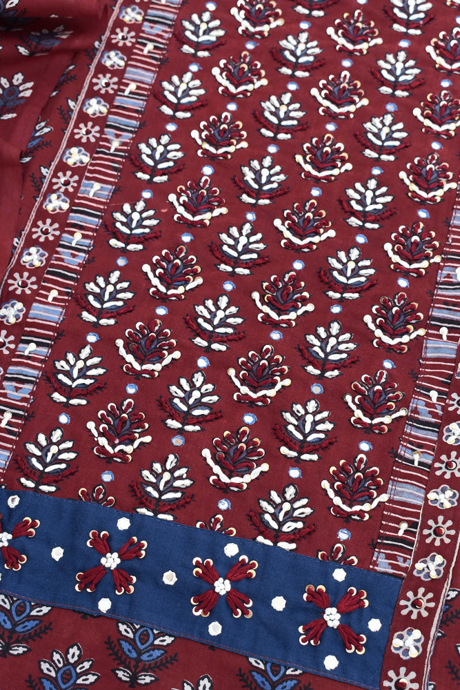 Premium Cotton Unstitched Suit with Ajrakh patch, Intricate Hand Embroidery & barmer Ajrakh dupatta