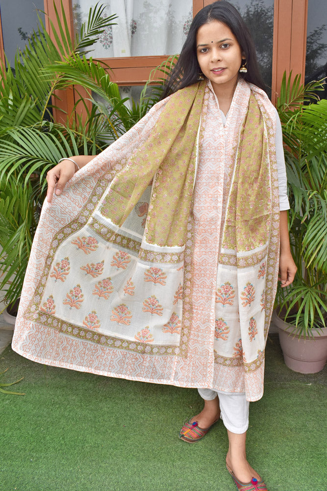 Hand Block Printed, Patch and Embroidery Work Kota Doria Dupatta