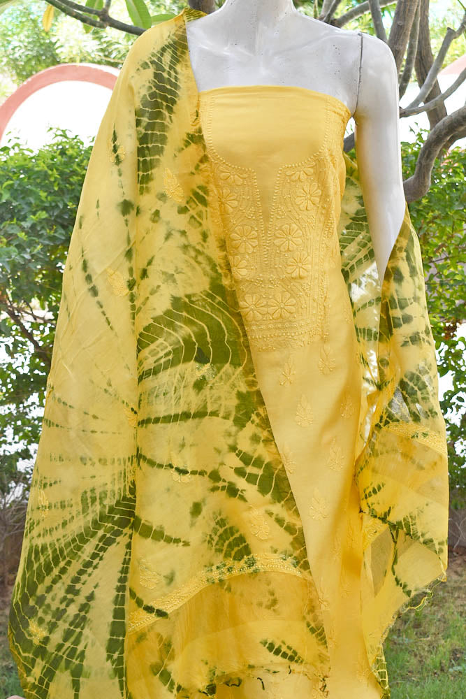Elegant Chanderi Kurta & Tie & Dye Dupatta Set with Hand Chikankari Embroidery