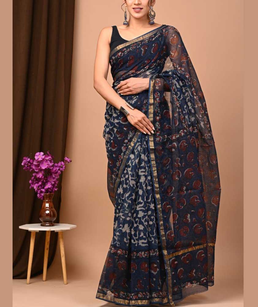 Beautiful Hand Block Printed Kota cotton Saree with zari border