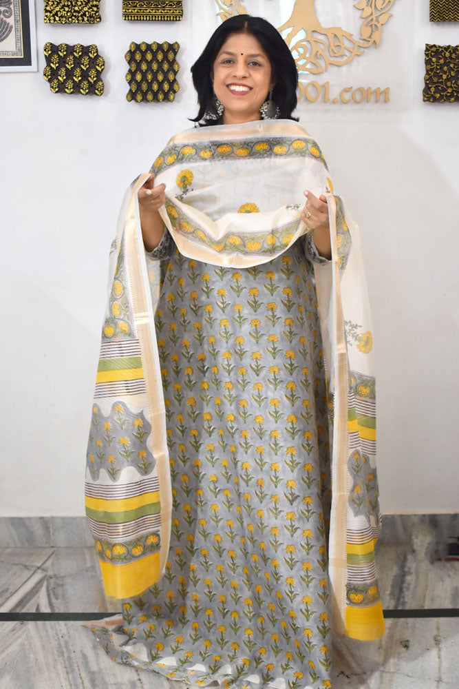Beautiful Hand Block Printed Maheshwari Silk Cotton Unstitched suit fabric - 3 pc set